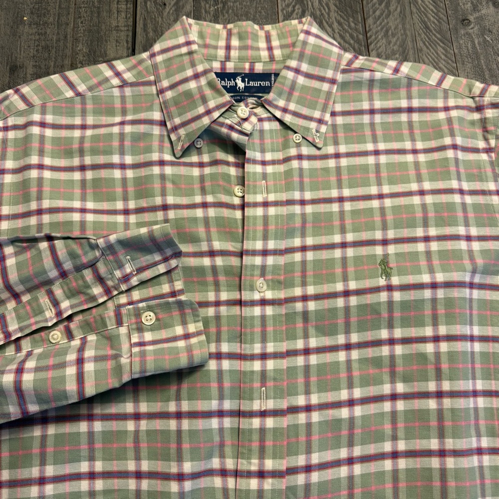 Polo Ralph Lauren Shirt Mens 16 1/2-35 Green Purple Plaid Easter‎ Dress Shirt